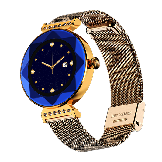 Elegant gold and blue wristwatch with mesh band, offered by Nalanda Enterprises for corporate gifting in India
