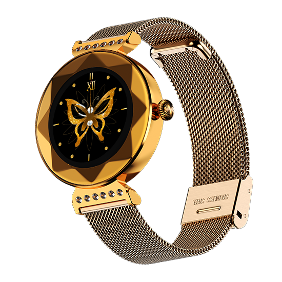 Gold mesh strap watch with butterfly dial, crystal accents, luxury gift from Nalanda Enterprises