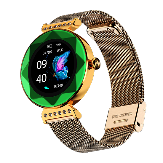 Gold smart watch with emerald green bezel, crystal accents, and stainless steel mesh strap, Nalanda Enterprises