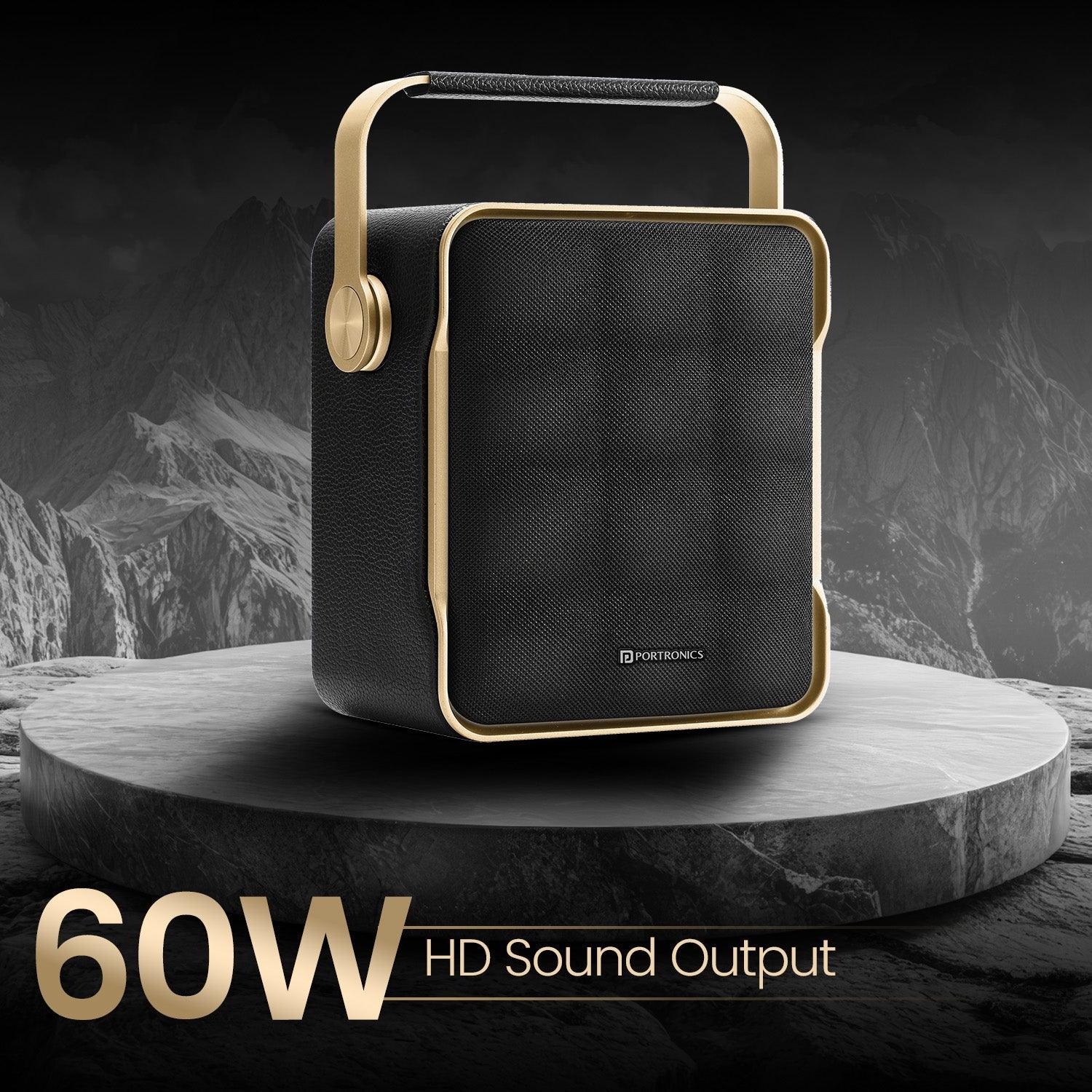 Portronics Harmony II 60W HD Sound Portable Bluetooth 5.3V Speaker, Bass Boost Technology, Upto 5 Hours Playtime, Bass/Treble Adjustment, Leather Finish, USB/AUX in, Type C Fast Charging - Nalanda Enterprises