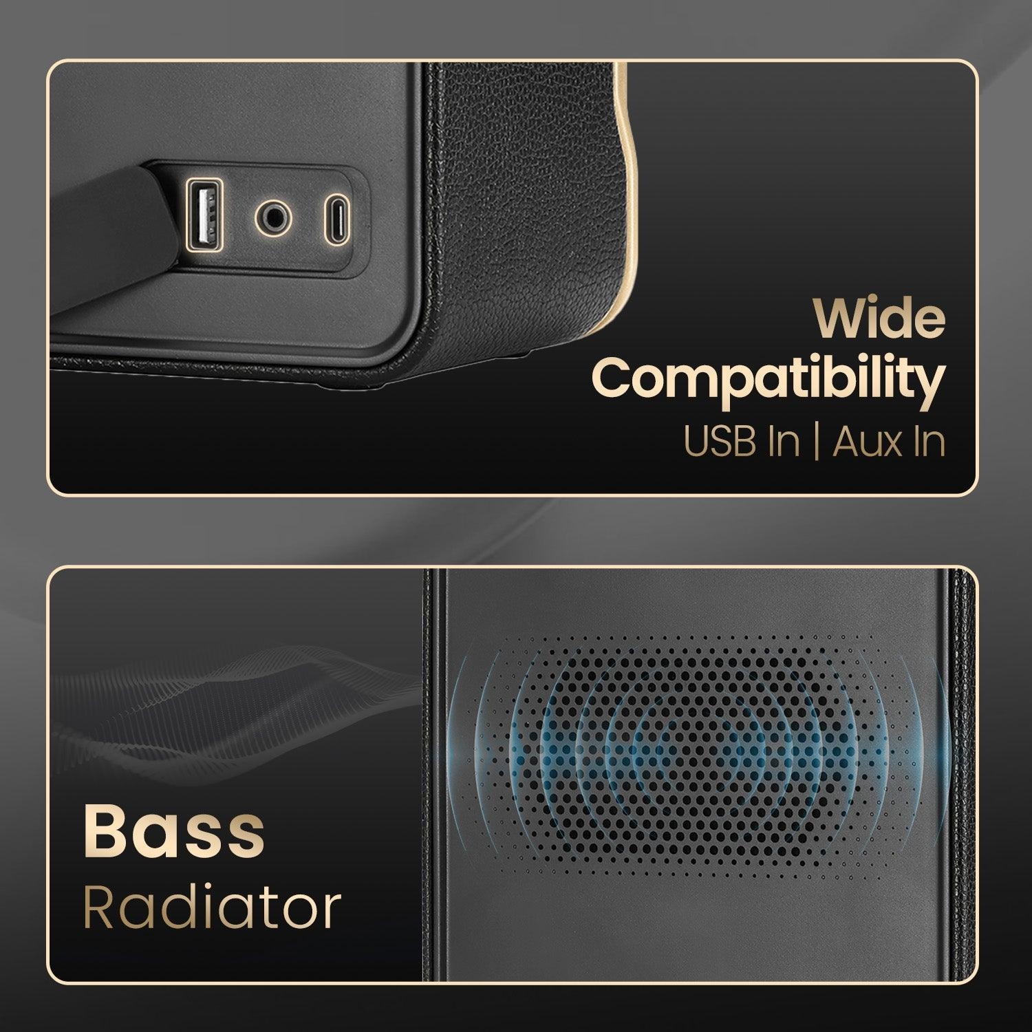 Portronics Harmony II 60W HD Sound Portable Bluetooth 5.3V Speaker, Bass Boost Technology, Upto 5 Hours Playtime, Bass/Treble Adjustment, Leather Finish, USB/AUX in, Type C Fast Charging - Nalanda Enterprises