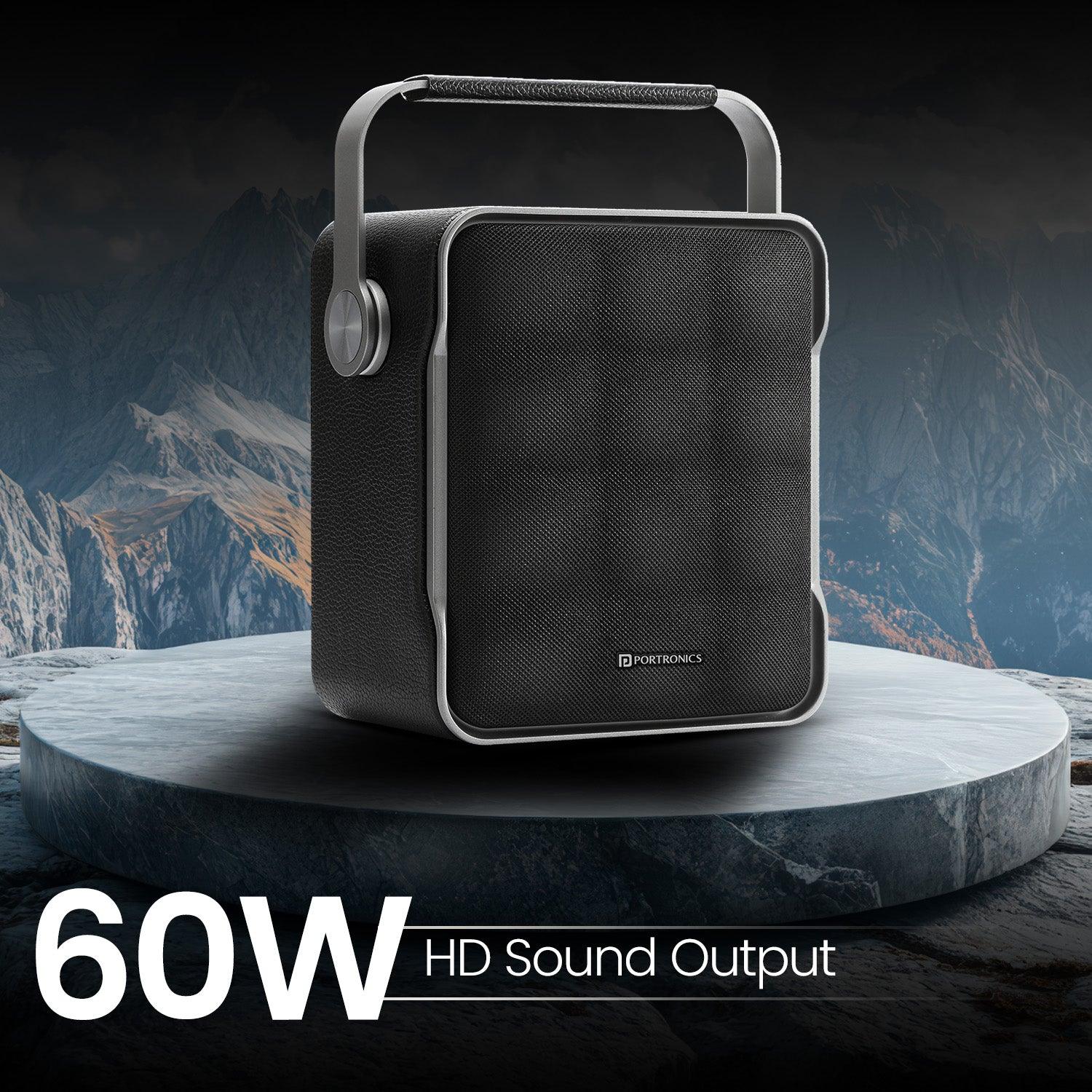 Portronics Harmony II 60W HD Sound Portable Bluetooth 5.3V Speaker, Bass Boost Technology, Upto 5 Hours Playtime, Bass/Treble Adjustment, Leather Finish, USB/AUX in, Type C Fast Charging - Nalanda Enterprises