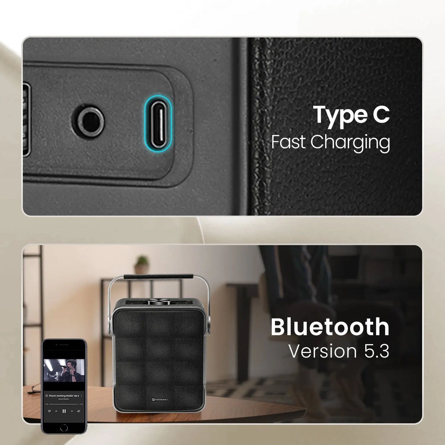 Portronics Harmony II 60W HD Sound Portable Bluetooth 5.3V Speaker, Bass Boost Technology, Upto 5 Hours Playtime, Bass/Treble Adjustment, Leather Finish, USB/AUX in, Type C Fast Charging - Nalanda Enterprises