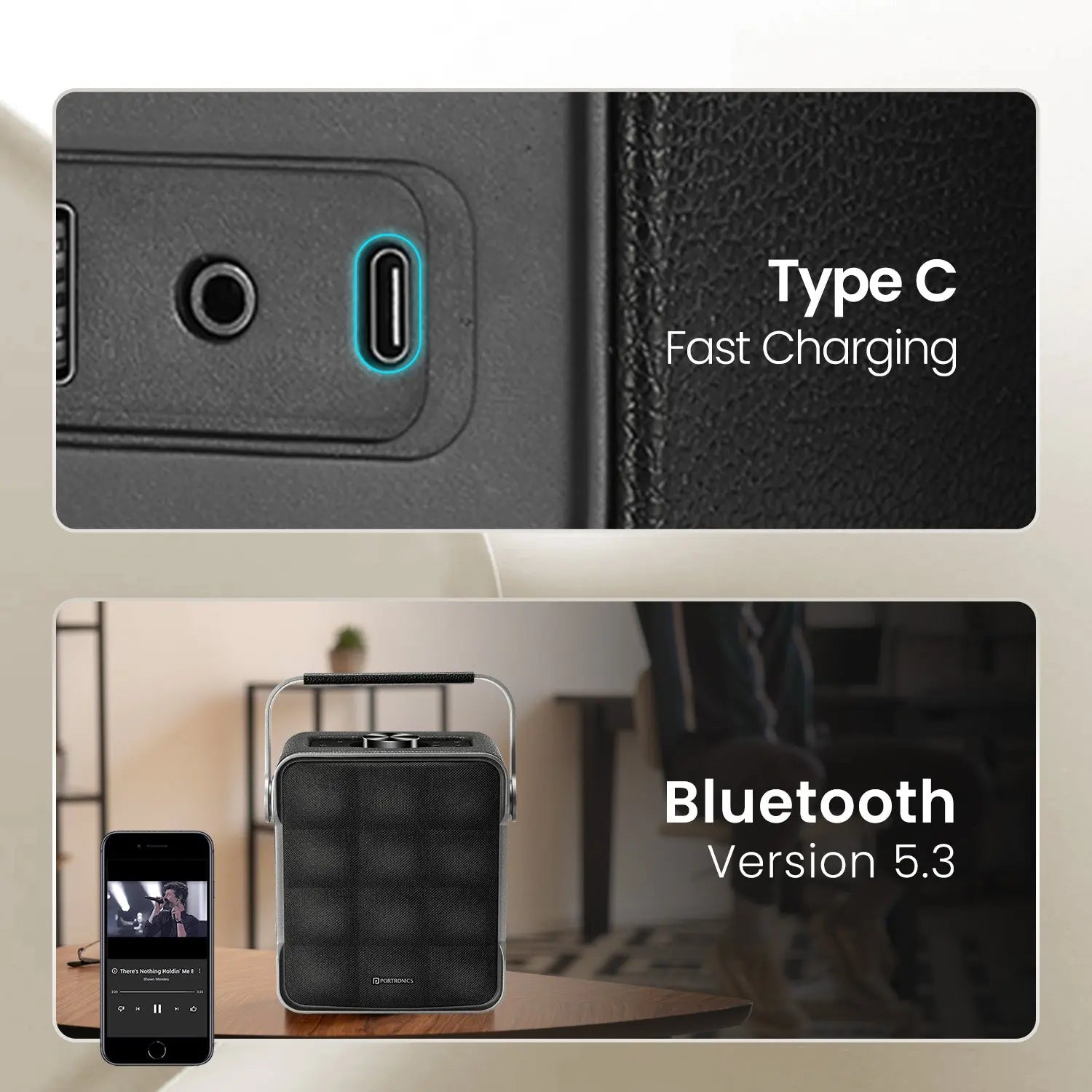 Portronics Harmony II 60W HD Sound Portable Bluetooth 5.3V Speaker, Bass Boost Technology, Upto 5 Hours Playtime, Bass/Treble Adjustment, Leather Finish, USB/AUX in, Type C Fast Charging - Nalanda Enterprises