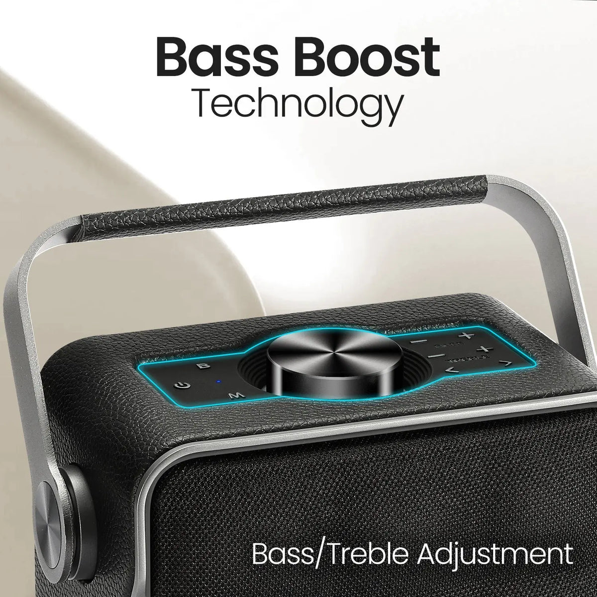 Portronics Harmony II 60W HD Sound Portable Bluetooth 5.3V Speaker, Bass Boost Technology, Upto 5 Hours Playtime, Bass/Treble Adjustment, Leather Finish, USB/AUX in, Type C Fast Charging - Nalanda Enterprises