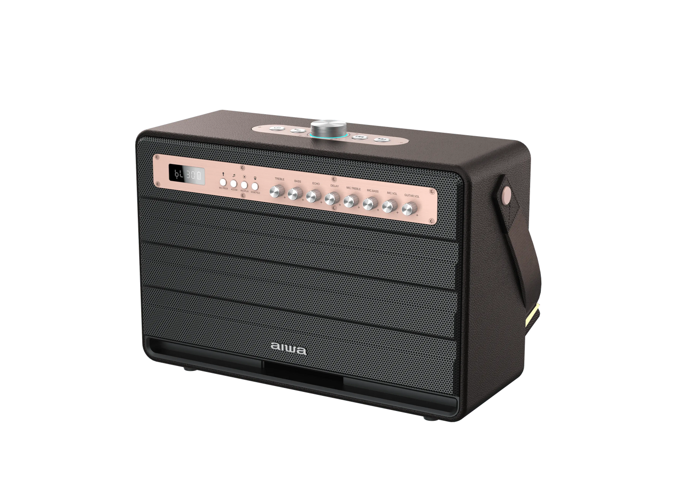 Aiwa Bluetooth Speaker | Long Battery Life | Built-in Microphone | karaoke speaker with 2 wireless microphones | MI-X450 Enigma 450 W Bluetooth Home Audio Speaker (Rose Gold, Black, 2.1 Channel) - Nalanda Enterprises