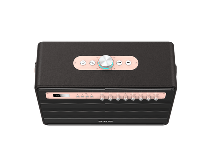 Aiwa Bluetooth Speaker | Long Battery Life | Built-in Microphone | karaoke speaker with 2 wireless microphones | MI-X450 Enigma 450 W Bluetooth Home Audio Speaker (Rose Gold, Black, 2.1 Channel) - Nalanda Enterprises