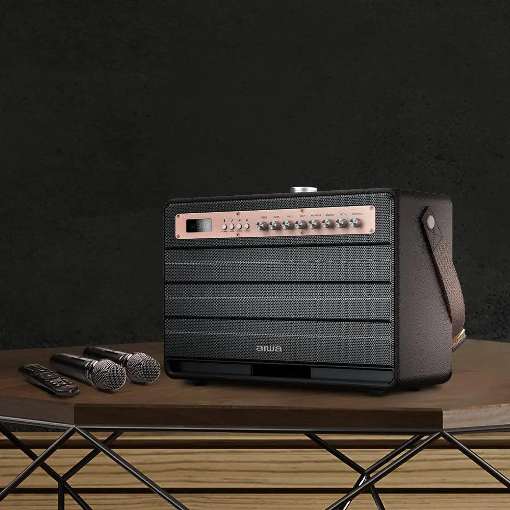 Aiwa Bluetooth Speaker | Long Battery Life | Built-in Microphone | karaoke speaker with 2 wireless microphones | MI-X450 Enigma 450 W Bluetooth Home Audio Speaker (Rose Gold, Black, 2.1 Channel) - Nalanda Enterprises