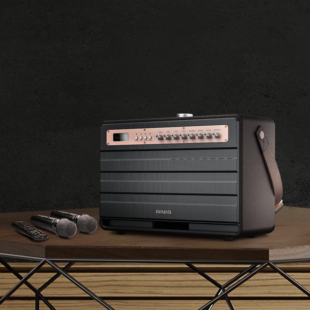 Aiwa Bluetooth Speaker | Long Battery Life | Built-in Microphone | karaoke speaker with 2 wireless microphones | MI-X450 Enigma 450 W Bluetooth Home Audio Speaker (Rose Gold, Black, 2.1 Channel) - Nalanda Enterprises