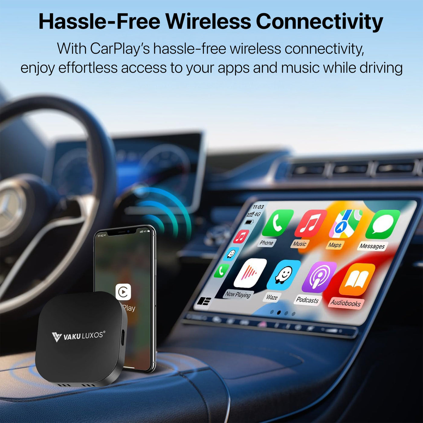 Vaku Luxos ® MUSEPRO 2025 Upgraded Wireless CarPlay Adapter, 5-in-1 Apple Wireless and Android Auto Wireless Adapter