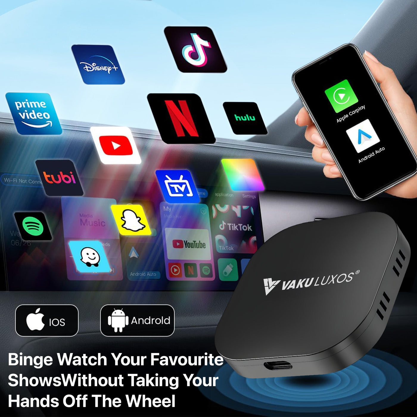 Vaku Luxos ® MUSEPRO 2025 Upgraded Wireless CarPlay Adapter, 5-in-1 Apple Wireless and Android Auto Wireless Adapter