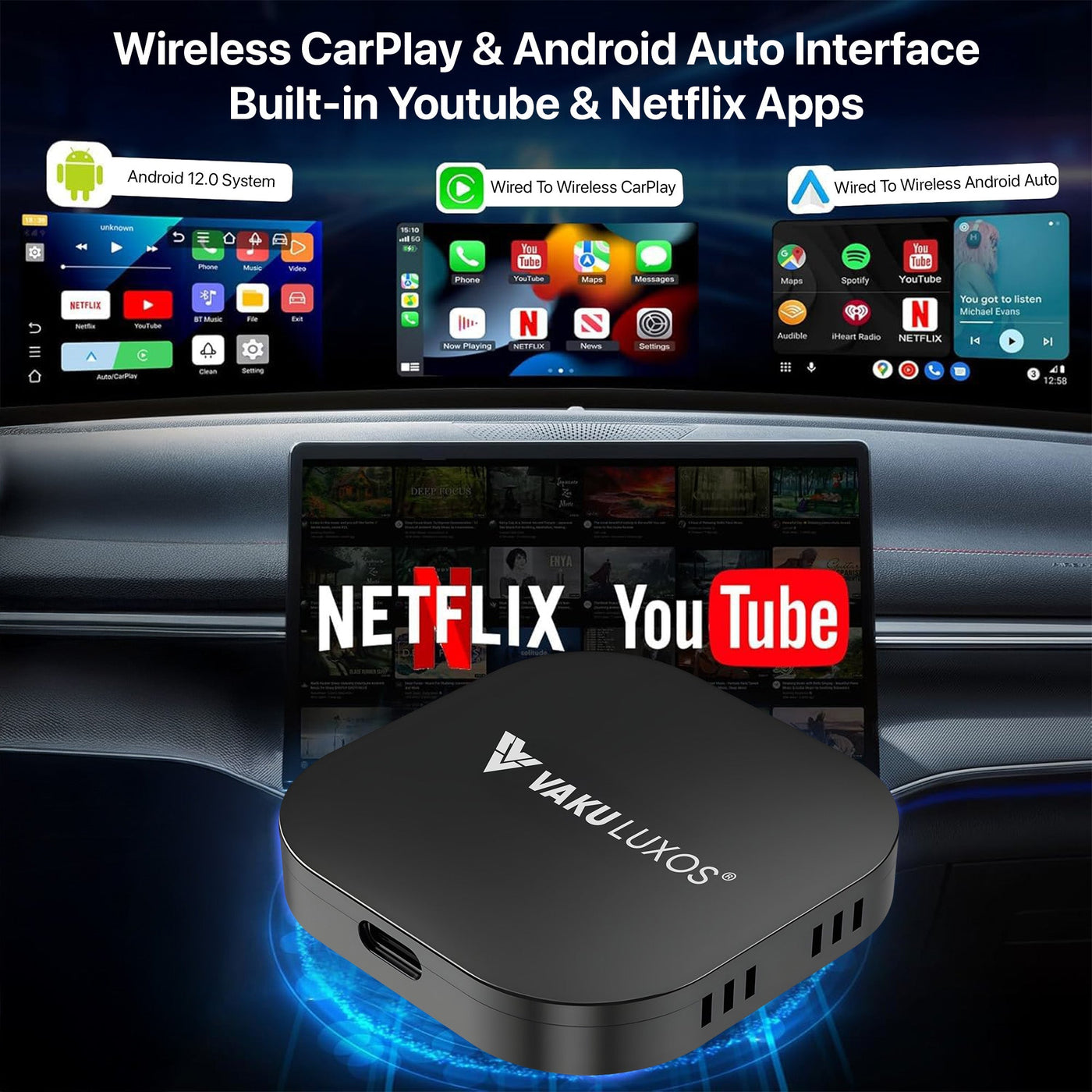 Vaku Luxos ® MUSEPRO 2025 Upgraded Wireless CarPlay Adapter, 5-in-1 Apple Wireless and Android Auto Wireless Adapter