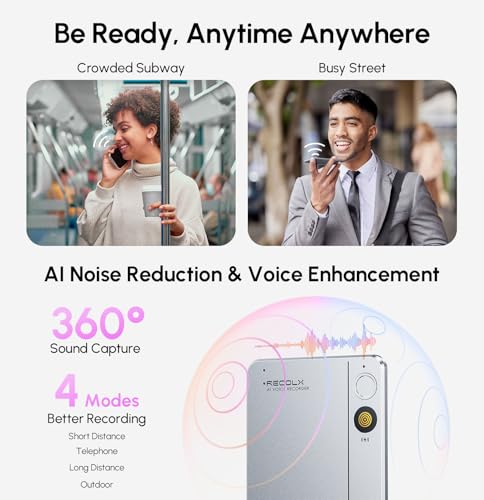 AI Voice Recorder, App Control, Transcribe & Summarize with 71 Pro Templates, Deep AI Analysis, Record Anytime Anywhere for Meetings, Work, Lectures, 112 Languages,Grey|B0DYNFTBGS
RECOLX 360 degree sound capture AI noise reduction 4 recording modes short distance telephone outdoor