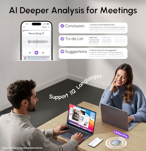 AI Voice Recorder, App Control, Transcribe & Summarize with 71 Pro Templates, Deep AI Analysis, Record Anytime Anywhere for Meetings, Work, Lectures, 112 Languages,Grey|B0DYNFTBGS
RECOLX AI voice recorder being used in business meeting with automatic transcription and summary