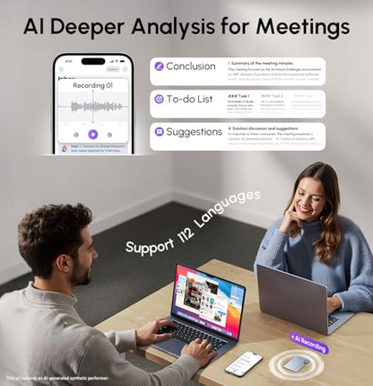 AI Voice Recorder, App Control, Transcribe & Summarize with 71 Pro Templates, Deep AI Analysis, Record Anytime Anywhere for Meetings, Work, Lectures, 112 Languages,Grey|B0DYNFTBGS
RECOLX AI voice recorder being used in business meeting with automatic transcription and summary