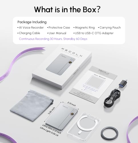 AI Voice Recorder, App Control, Transcribe & Summarize with 71 Pro Templates, Deep AI Analysis, Record Anytime Anywhere for Meetings, Work, Lectures, 112 Languages,Grey|B0DYNFTBGS
RECOLX AI voice recorder unboxing accessories protective case magnetic ring OTG cable user manual India