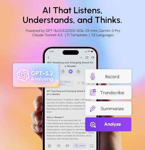 AI Voice Recorder, App Control, Transcribe & Summarize with 71 Pro Templates, Deep AI Analysis, Record Anytime Anywhere for Meetings, Work, Lectures, 112 Languages,Grey|B0DYNFTBGS
RECOLX app showing live meeting transcript and GPT-5 AI summary on iPhone Android India