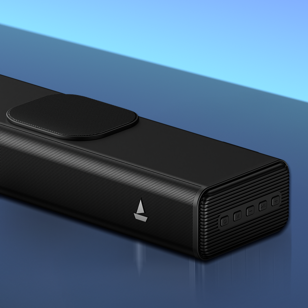 Boat brand black soundbar speaker with control buttons, showcased on a blue background