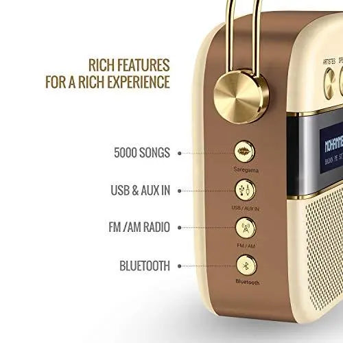 Saregama Carvaan Hindi Portable Music Player - Sound by Harman/Kardon with 5000 Preloaded songs, FM/ BT/AUX - Wine Gold (Champagne Gold) - Nalanda Enterprises