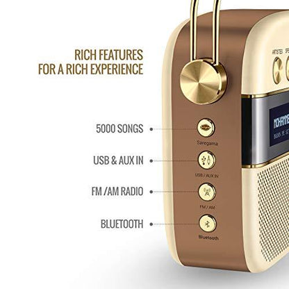 Saregama Carvaan Hindi Portable Music Player - Sound by Harman/Kardon with 5000 Preloaded songs, FM/ BT/AUX - Wine Gold (Champagne Gold) - Nalanda Enterprises