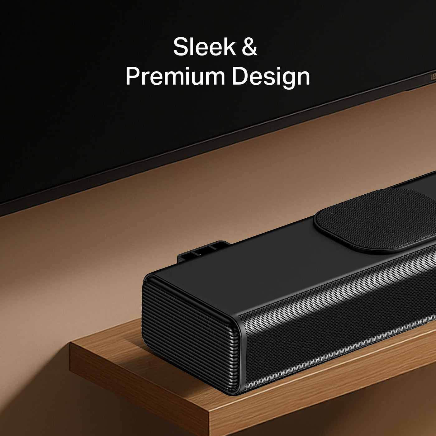Black premium Bluetooth speaker on wooden shelf, modern design, Nalanda Enterprises.