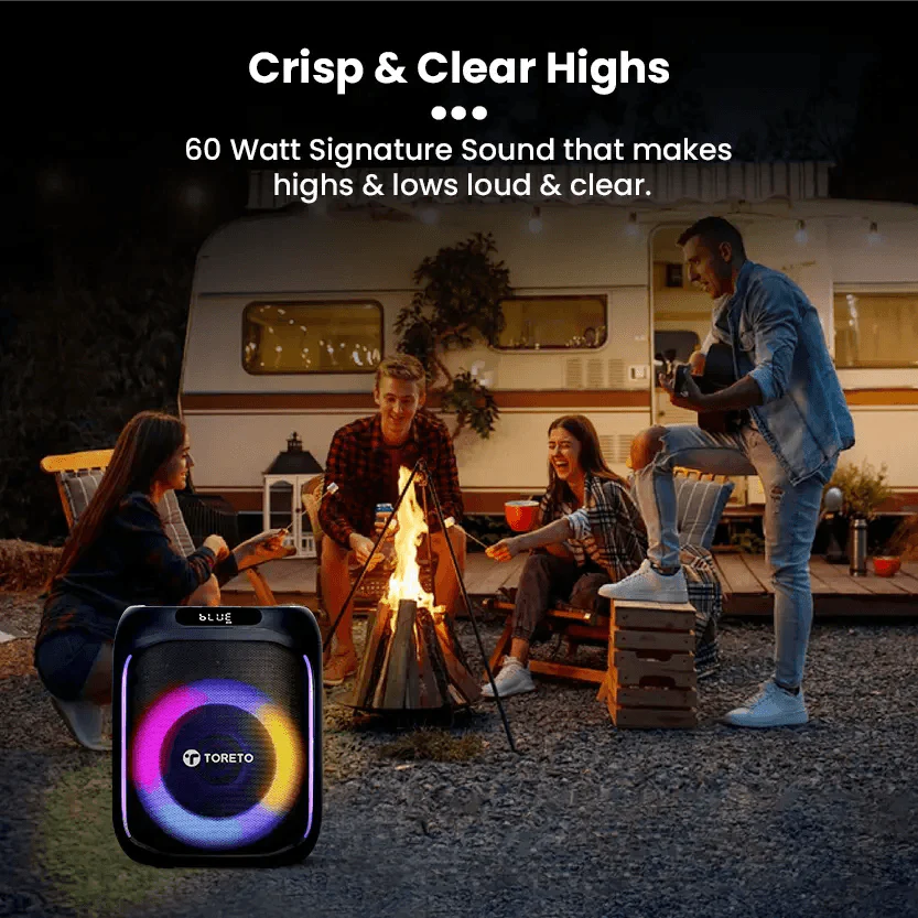 Toreto Party Box 60W Wireless Portable Party Speaker with Bluetooth 5.+EDR | RGB Dynamic Running Light Support TWS/USB/TF Card/AUX Input/Wireless Mic with Recording Feature & Remote - Nalanda Enterprises