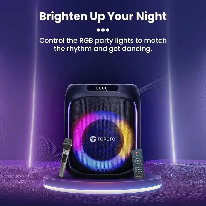 Toreto Party Box 60W Wireless Portable Party Speaker with Bluetooth 5.+EDR | RGB Dynamic Running Light Support TWS/USB/TF Card/AUX Input/Wireless Mic with Recording Feature & Remote - Nalanda Enterprises