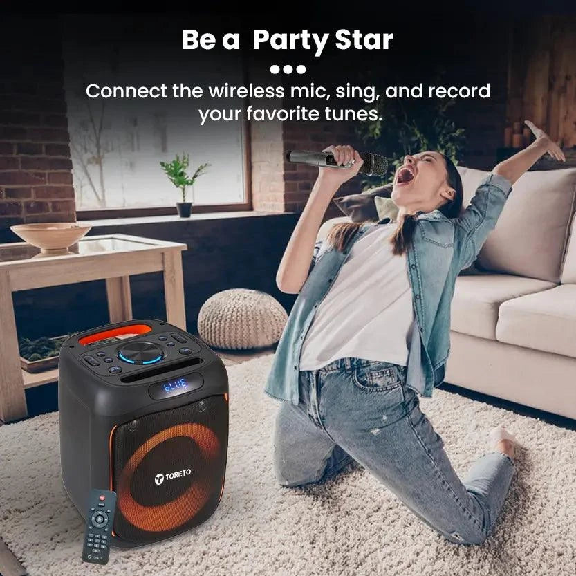 Toreto Party Box 60W Wireless Portable Party Speaker with Bluetooth 5.+EDR | RGB Dynamic Running Light Support TWS/USB/TF Card/AUX Input/Wireless Mic with Recording Feature & Remote - Nalanda Enterprises