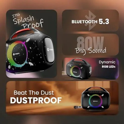 Toreto Smash -2 Boombox 80W Wireless Portable Party Speaker with Bluetooth 5.3 | Dazzling RGB Light, Support TWS/USB/TF Card/AUX Input/Rechargable Wireless Mic (Black) - Nalanda Enterprises