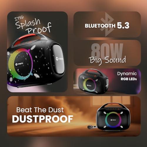 Toreto Smash -2 Boombox 80W Wireless Portable Party Speaker with Bluetooth 5.3 | Dazzling RGB Light, Support TWS/USB/TF Card/AUX Input/Rechargable Wireless Mic (Black) - Nalanda Enterprises