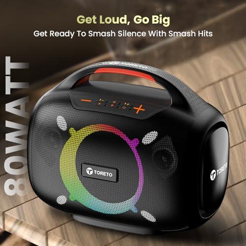 Toreto Smash -2 Boombox 80W Wireless Portable Party Speaker with Bluetooth 5.3 | Dazzling RGB Light, Support TWS/USB/TF Card/AUX Input/Rechargable Wireless Mic (Black) - Nalanda Enterprises