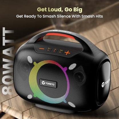 Toreto Smash -2 Boombox 80W Wireless Portable Party Speaker with Bluetooth 5.3 | Dazzling RGB Light, Support TWS/USB/TF Card/AUX Input/Rechargable Wireless Mic (Black) - Nalanda Enterprises