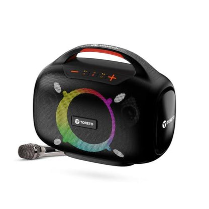 Toreto Smash -2 Boombox 80W Wireless Portable Party Speaker with Bluetooth 5.3 | Dazzling RGB Light, Support TWS/USB/TF Card/AUX Input/Rechargable Wireless Mic (Black) - Nalanda Enterprises