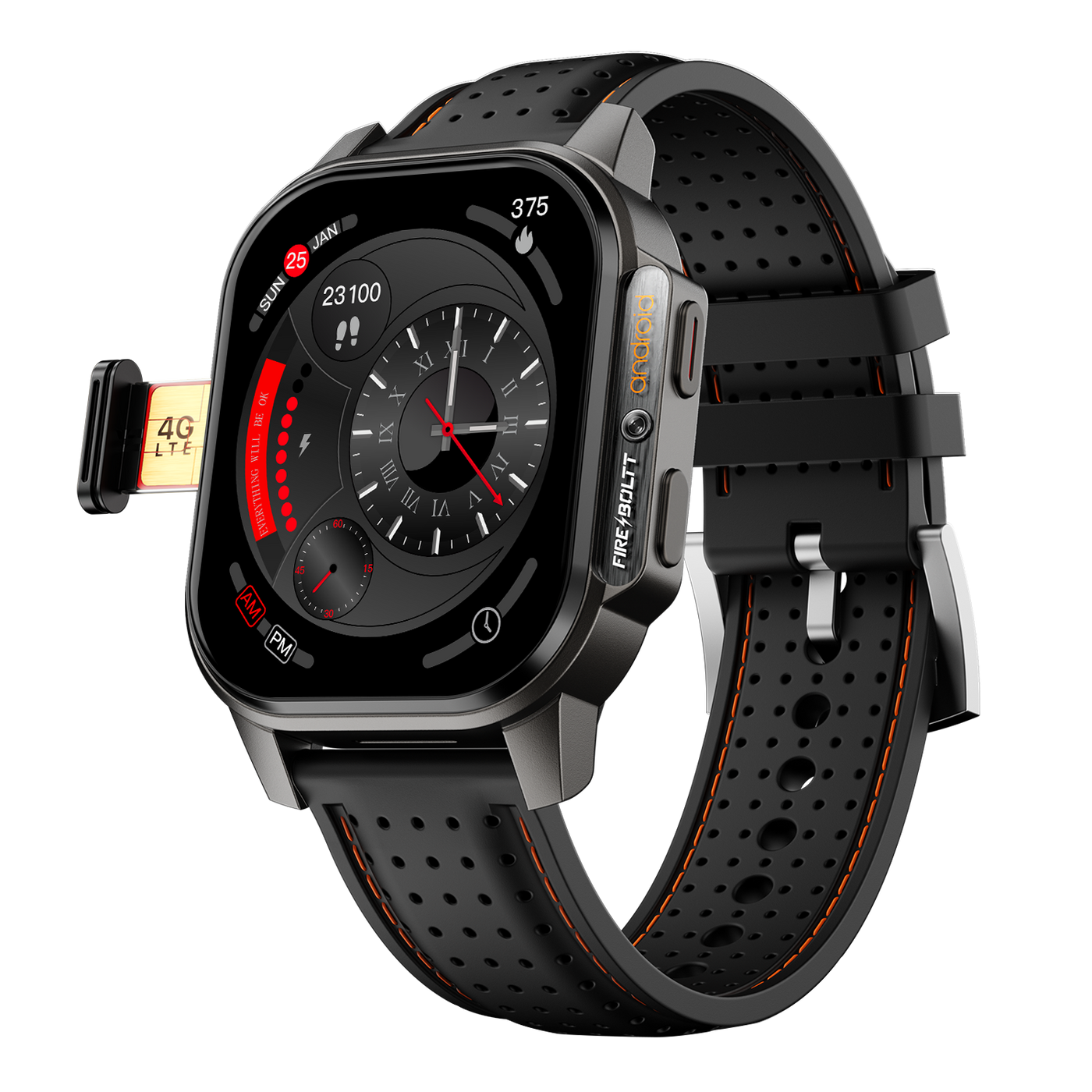 Black Fire-Boltt smartwatch with silicone strap and 4G LTE SIM slot, displayed at Nalanda Enterprises.
