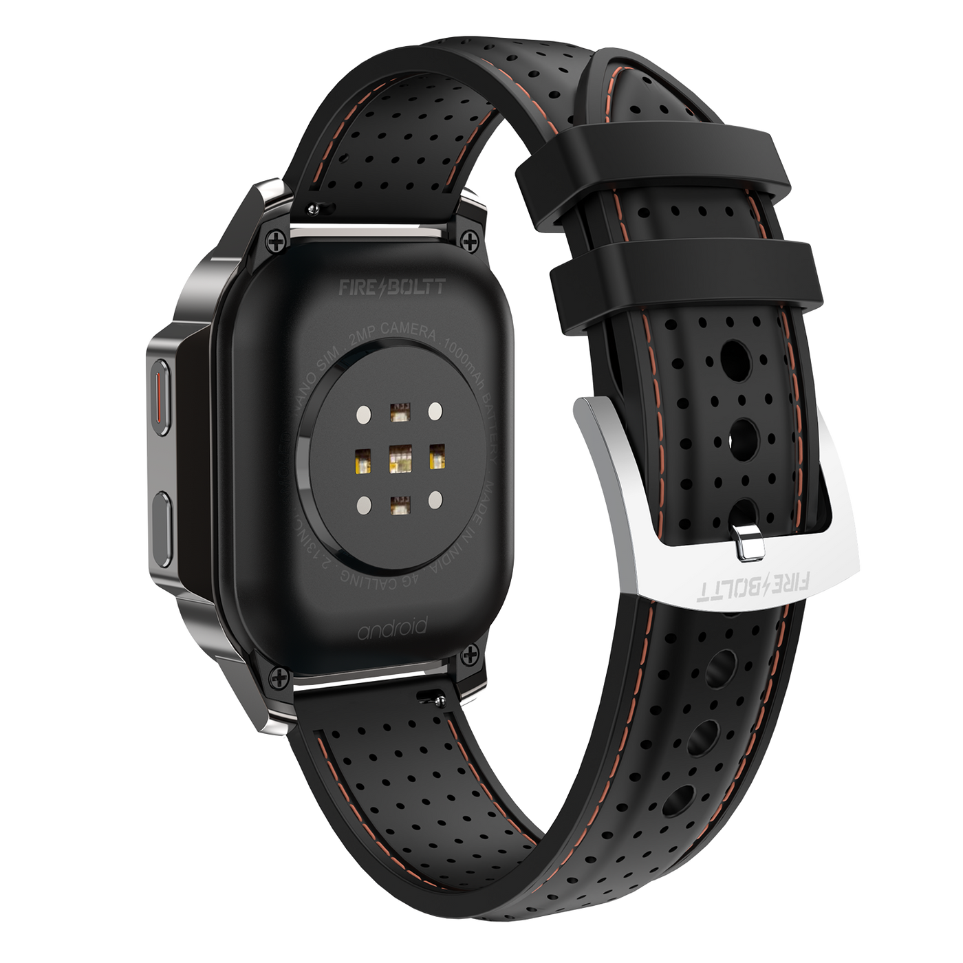 Fire-Boltt black smart watch with perforated silicone strap, shown from the back