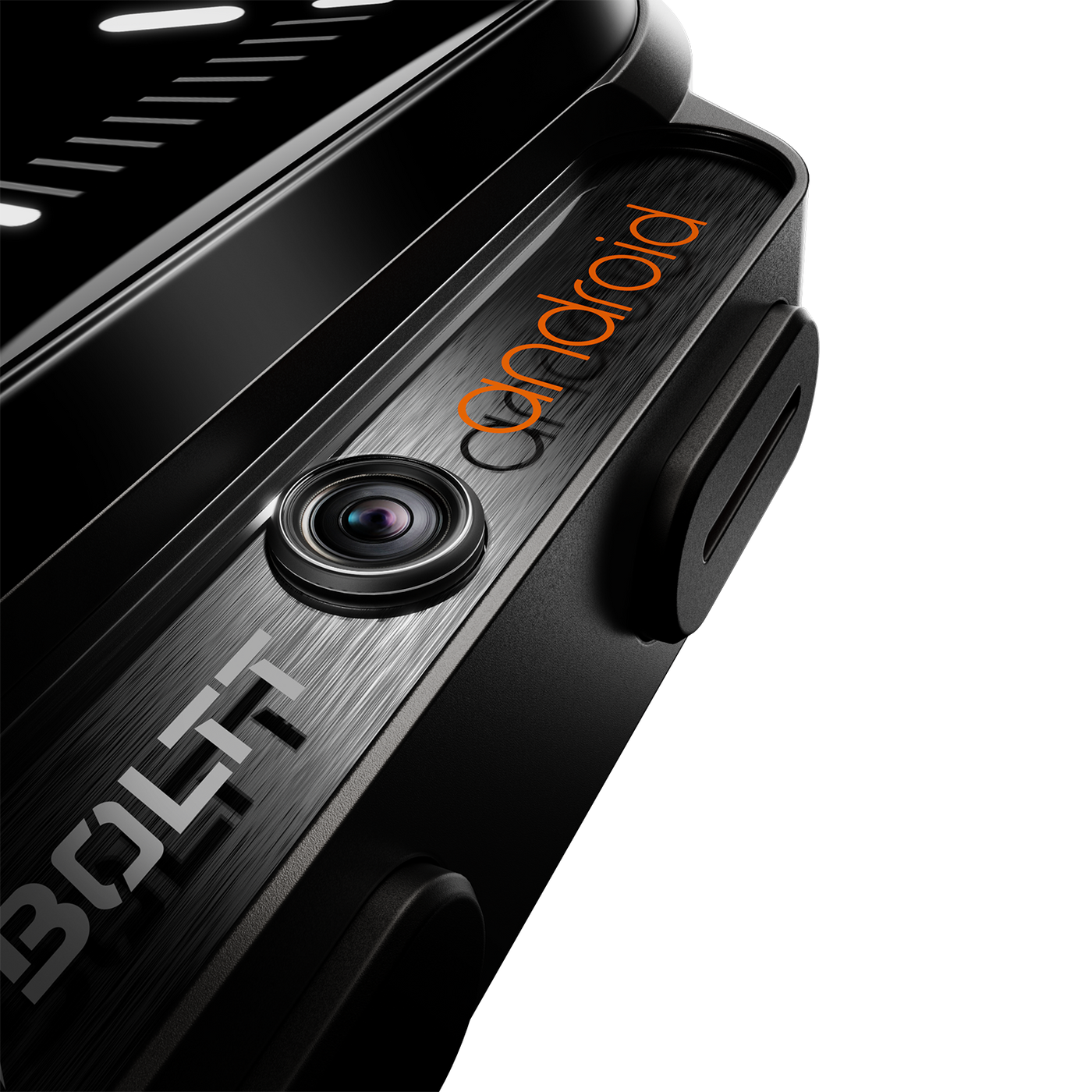 Close-up of Fireboltt smart watch with camera lens and android branding, black finish.