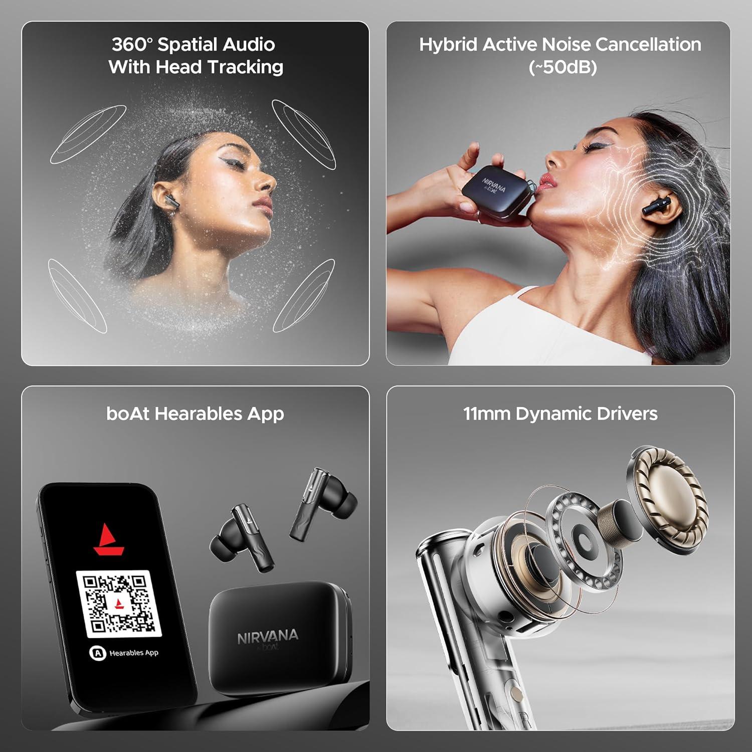 boAt Nirvana Ivy Truly Wireless in Ear Earbuds w/ 50dB Hybrid Active Noise Cancellation, 360º Spatial Audio, Dynamic Head Tracking,Hearables App Support & 50hrs Playback(Gunmetal Black) - Nalanda Enterprises