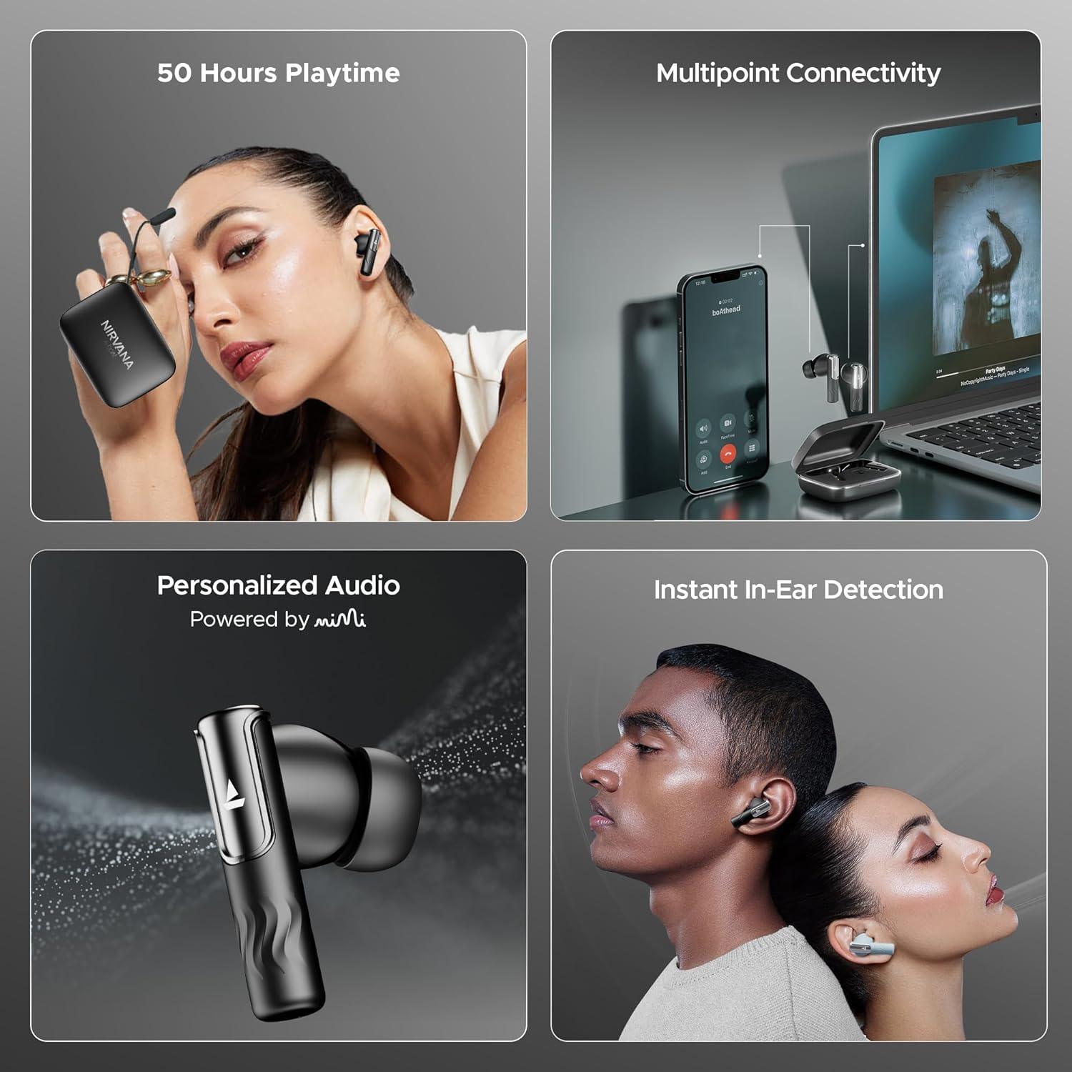 boAt Nirvana Ivy Truly Wireless in Ear Earbuds w/ 50dB Hybrid Active Noise Cancellation, 360º Spatial Audio, Dynamic Head Tracking,Hearables App Support & 50hrs Playback(Gunmetal Black) - Nalanda Enterprises