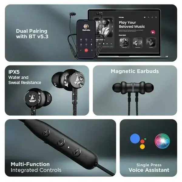 Boat Rockerz Summit wireless neckband earphones with Bluetooth 5.3, IPX5 water resistance, magnetic earbuds, integrated controls, and voice assistant features, ideal for bulk corporate gifting at Nalanda Enterprises.