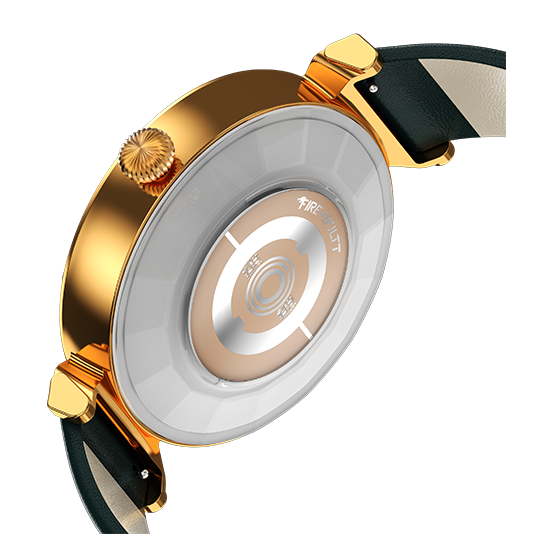 Fire-Boltt smart watch with gold case and green leather strap from Nalanda Enterprises