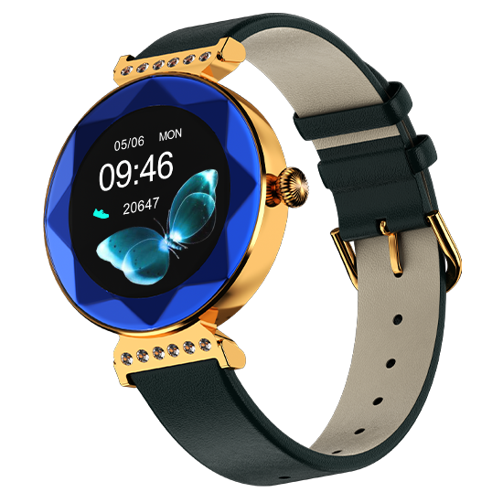 Elegant blue and gold smart watch with gemstone accents, leather strap, butterfly display, Nalanda Enterprises