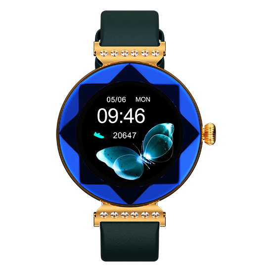 Blue and gold smart watch with butterfly display, luxury strap, sold by Nalanda Enterprises