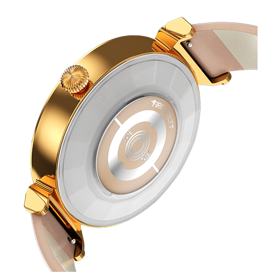 Fire-Boltt gold smartwatch with round case and beige strap for corporate gifting