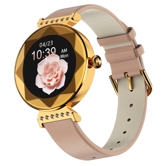Gold smartwatch with beige band and crystal accents, luxury corporate gift at Nalanda Enterprises
