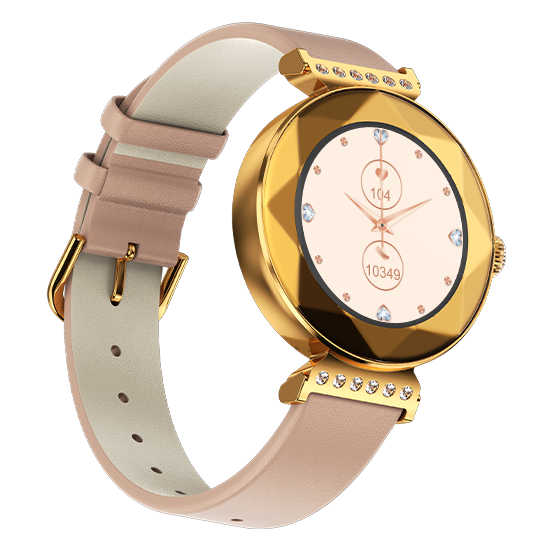 Gold smart watch with pink leather strap and crystal accents, available at Nalanda Enterprises