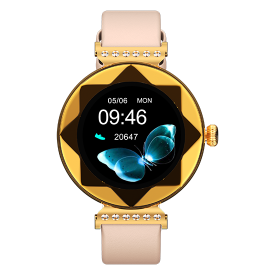 Gold and crystal-studded smart watch with beige strap, butterfly display, corporate gifting India