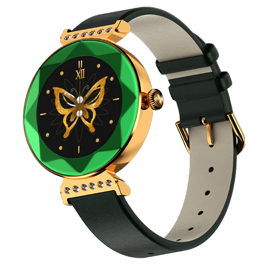 Emerald green dial wristwatch with butterfly design, gold accents, and black leather strap