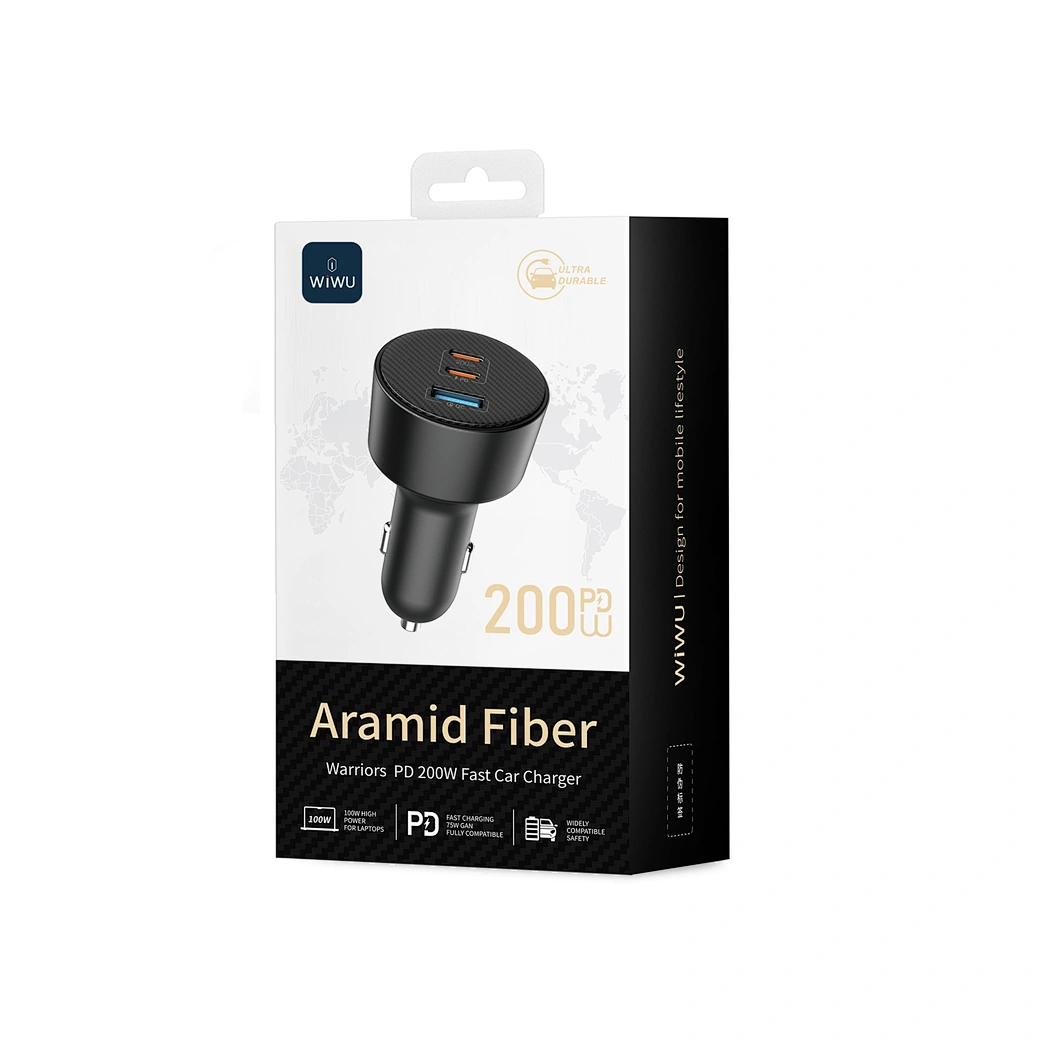 WiWU Wi-CC026 200W Car Charger — Triple-Port Type-C PD PPS Fast Charging with Aluminum + Kevlar Body wiwu
