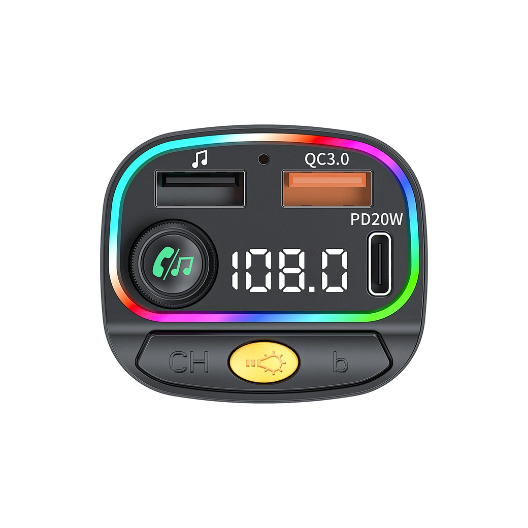 WiWU Wi-QC031 Bluetooth 5.3 Car FM Transmitter — Wireless Music + Hands-Free Calling + Dual USB Charging + 7-Color RGB Lights WIWU