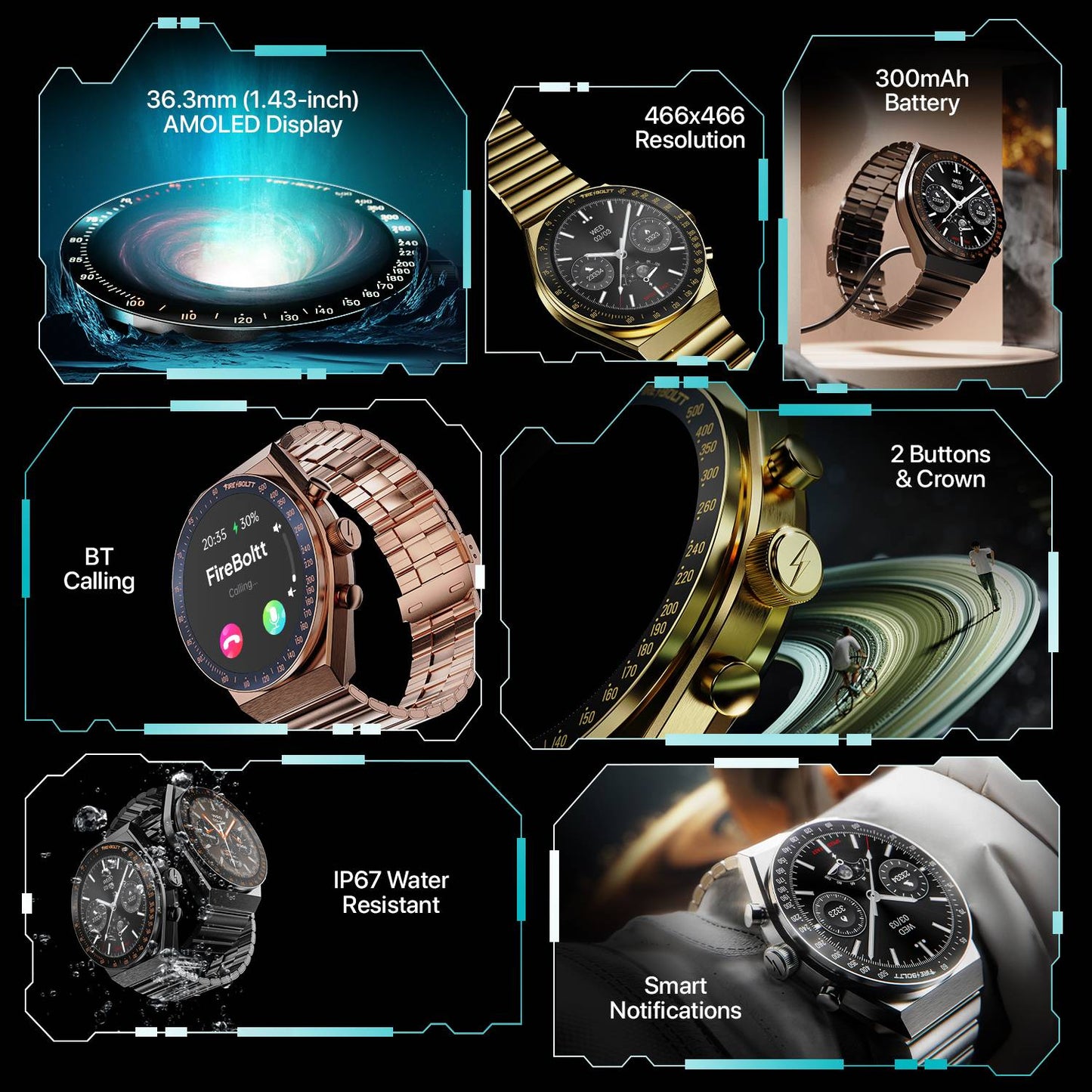 Fire-Boltt Spacewatch 36.3mm (1.43 inch) AMOLED Display, Luxury Stainless Steel, BT Calling Smartwatch